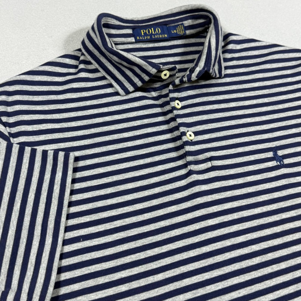 Polo Ralph Lauren Mens Large Navy Blue Grey Striped Short Sleeve Polo Shirt